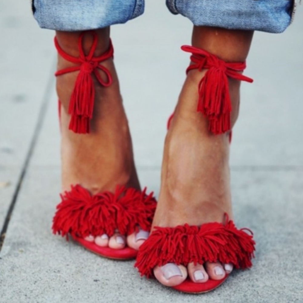 Steve Madden Red Fringe Ankle-Tie Sandals